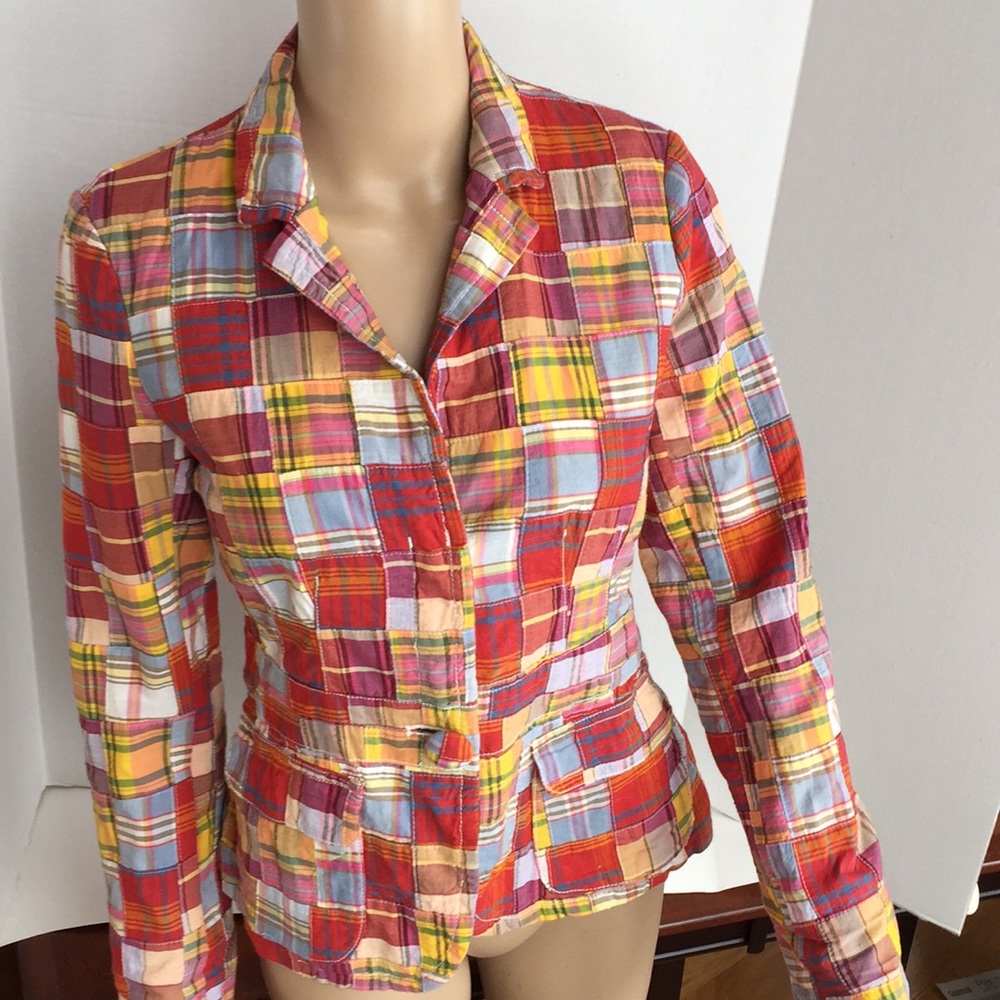J Crew Madras Patchwork Jacket Size 4 Red Plaid - image 1